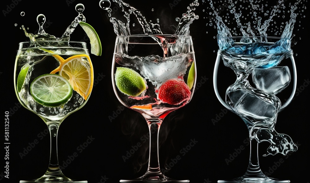  three glasses filled with different types of alcohol and water splashing out of the top of the glas