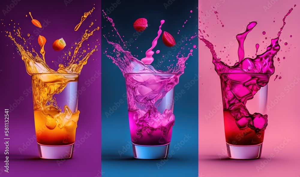  three different shots of different colored liquid in a glass with a splash of water on the top of t