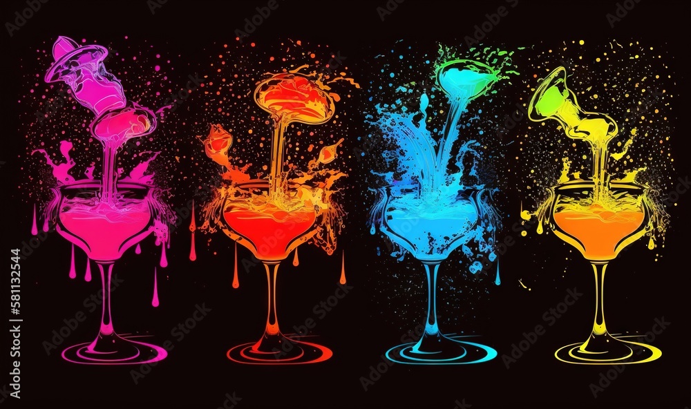  a set of four glasses with different colored liquid pouring out of them on a black background with 