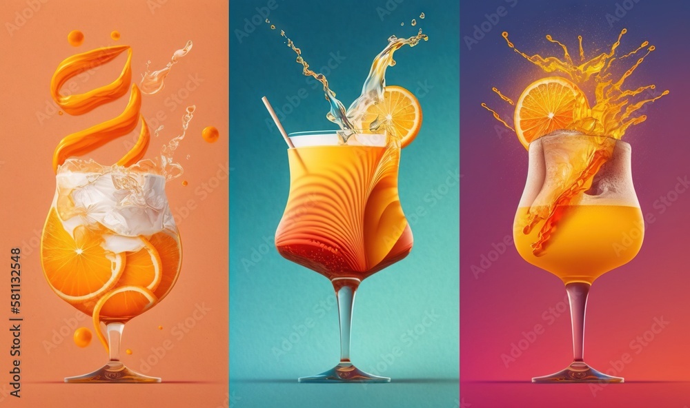  three different shots of orange juice with splashing and splashing on them, one of which is in a gl