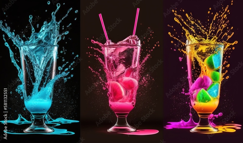  three different colored drinks with splashes of liquid in them on a black background and in a glass