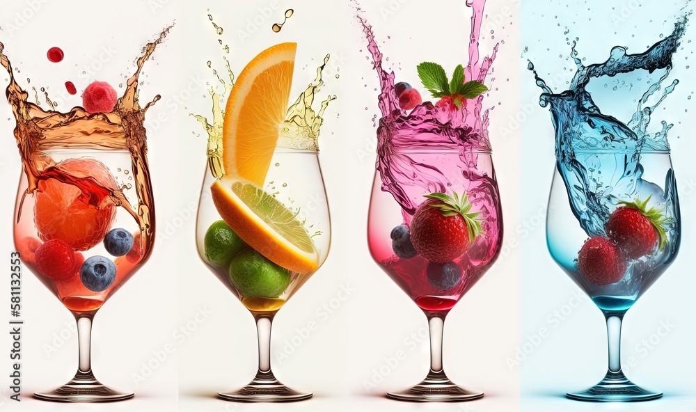  three glasses filled with different types of fruit and water splashing out of them to the side of t