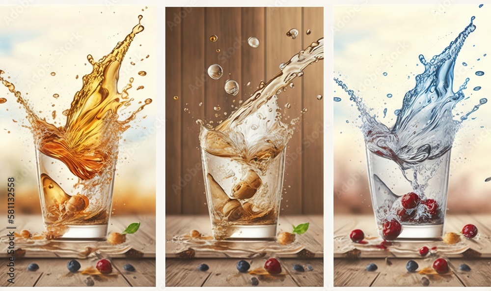  a series of three pictures of a glass of water with cherries and a splash of water on the glass and