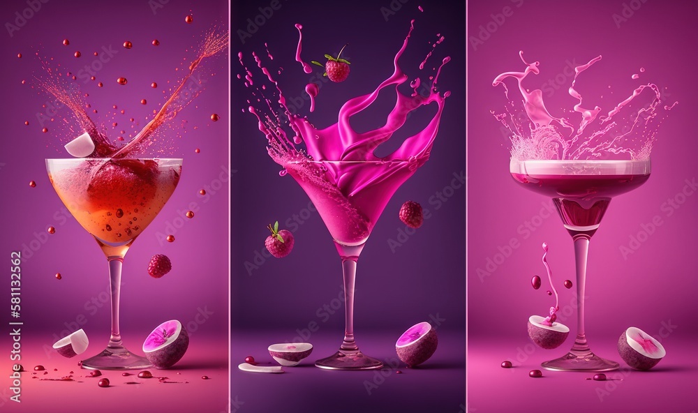  a series of three shots of a drink being poured into a glass with strawberries and ice cubes on the