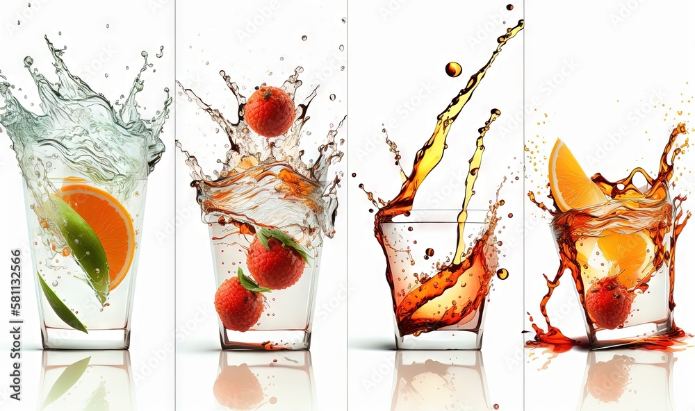  a series of photos of fruit splashing into a glass of water with oranges and limes in the bottom an