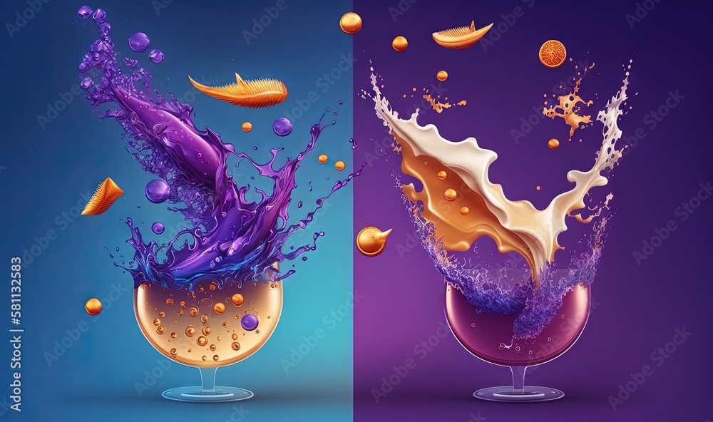  a glass of liquid with a splash of orange and a splash of blue on the side of the glass with a spla