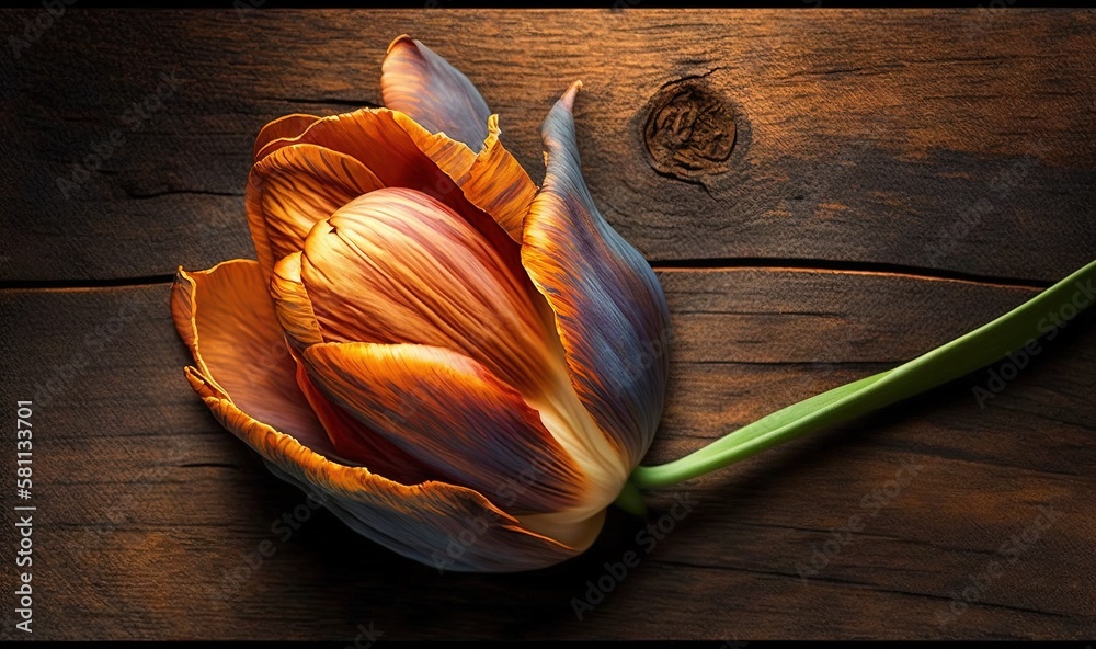  a single orange tulip on a wooden surface with a green stem in the center of the picture, with a da