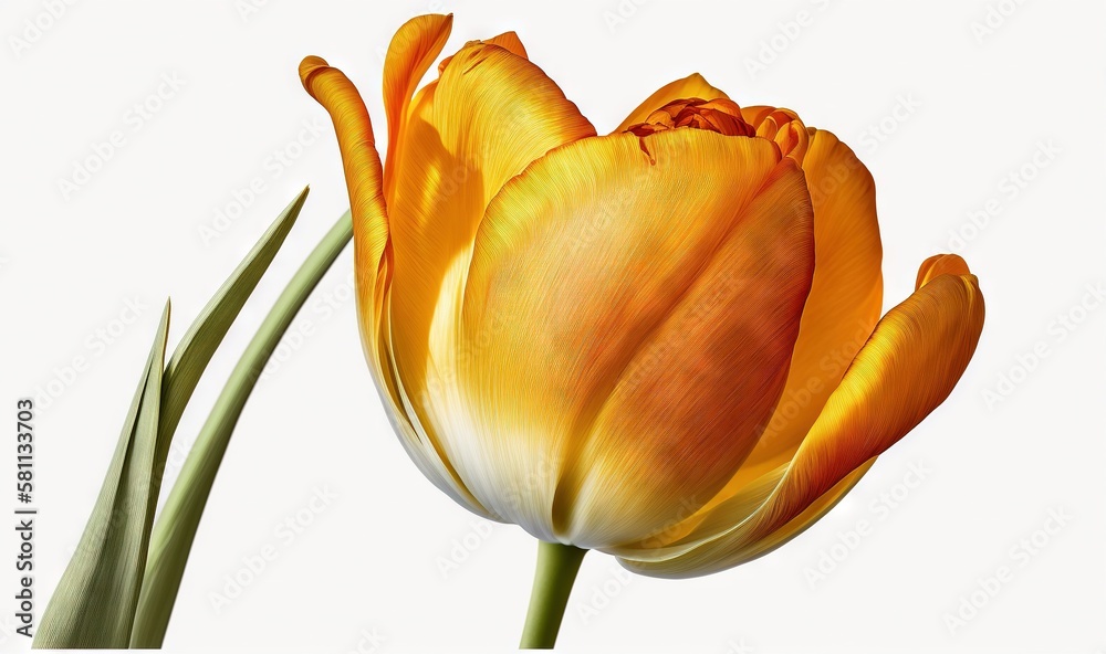  a single yellow tulip is shown with a green stem in front of a white background with a single green