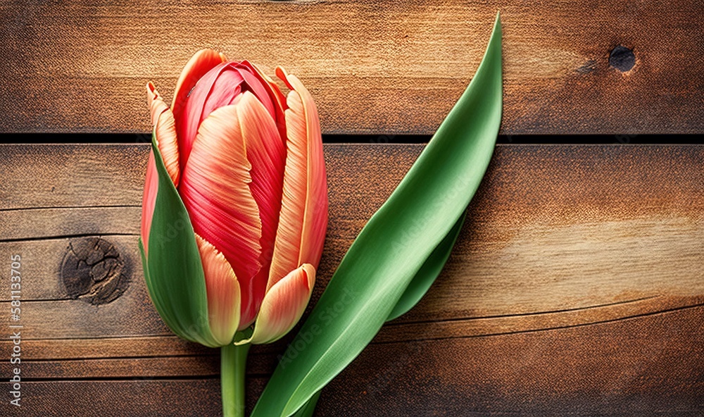  a single red tulip sitting on top of a wooden table next to a green leafy stem on a piece of wood w