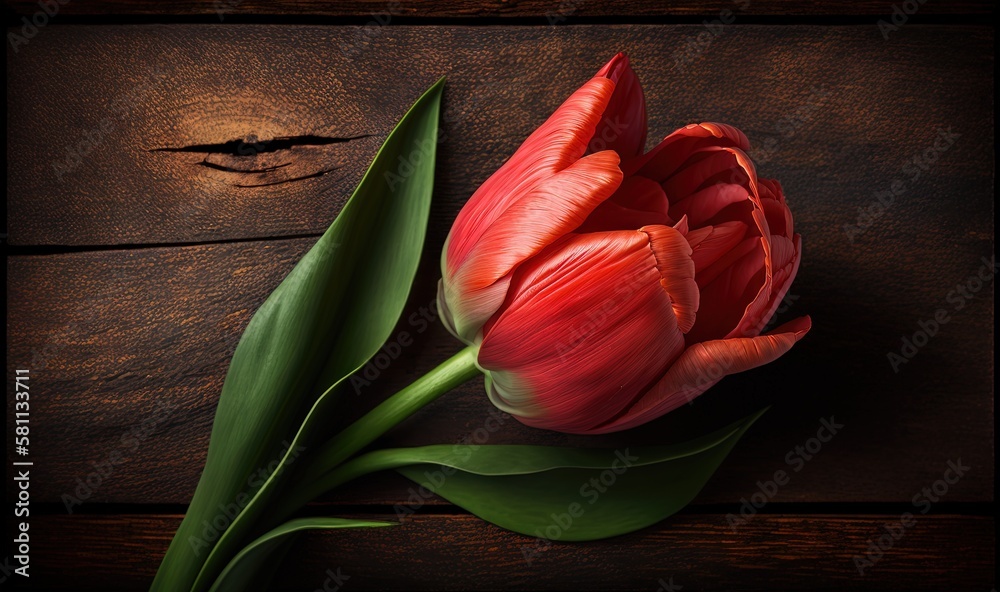  a single red tulip sitting on top of a wooden table next to a green leafy stem on top of a piece of