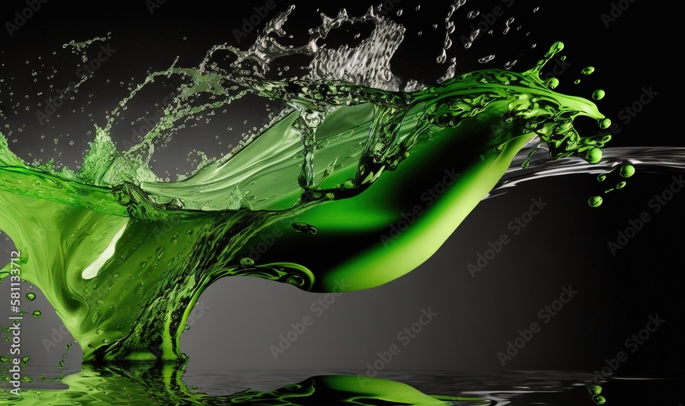  a green liquid splashing out of the water into the air on a black background with a black back grou