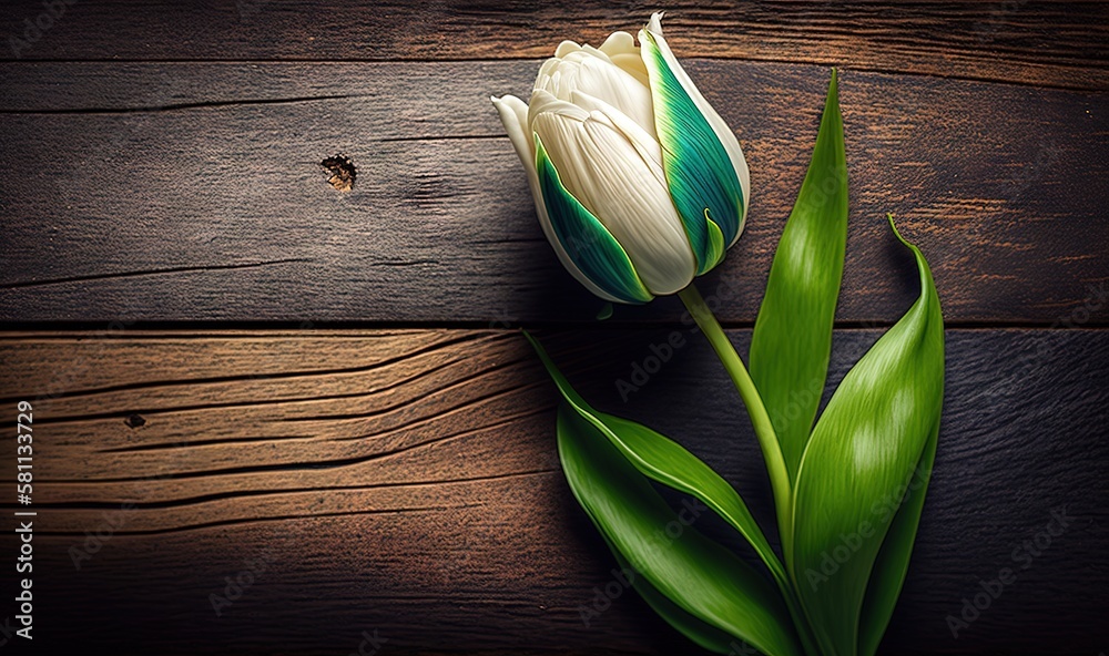  a single white tulip sitting on top of a wooden table next to a green leafy stem on a wooden surfac