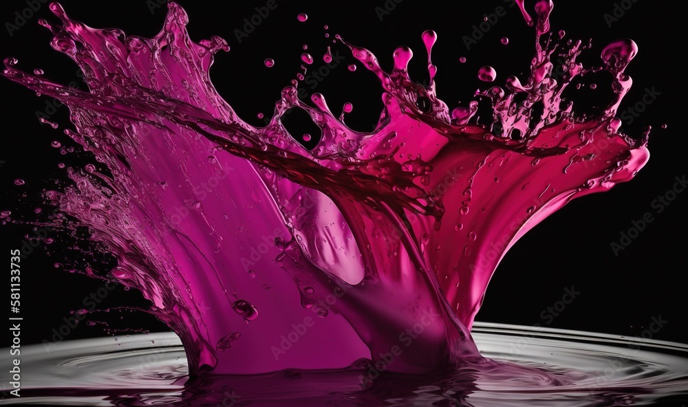  a pink liquid splashing into the water on a black background with a reflection of the water in the 