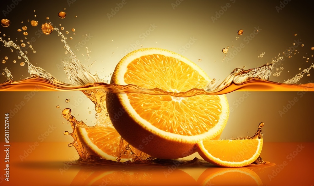  a group of oranges with water splashing around them on a brown surface with a yellow background and