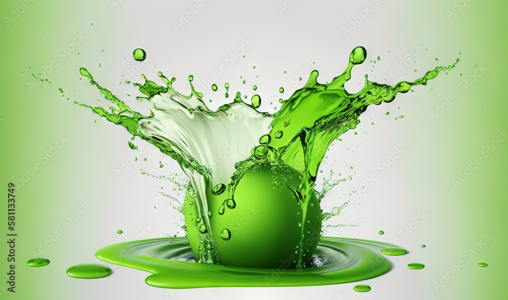  a green liquid splashing out of a green bottle into a puddle of green liquid on a white background 