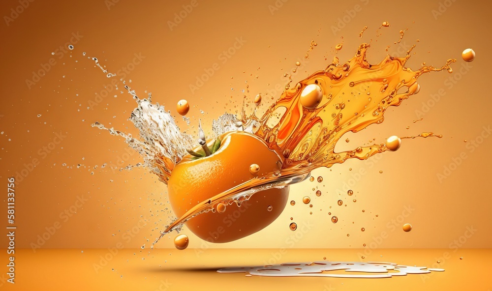  an orange splashing into the water with a splash of water on its side and on top of the orange, on