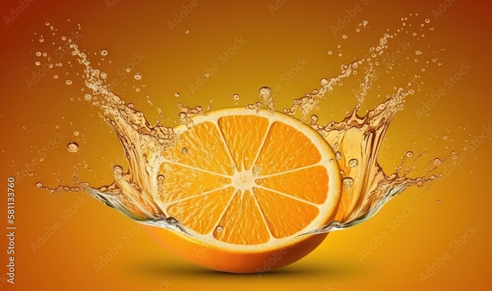  an orange with water splashing around it on a yellow background with a red background and a red bac