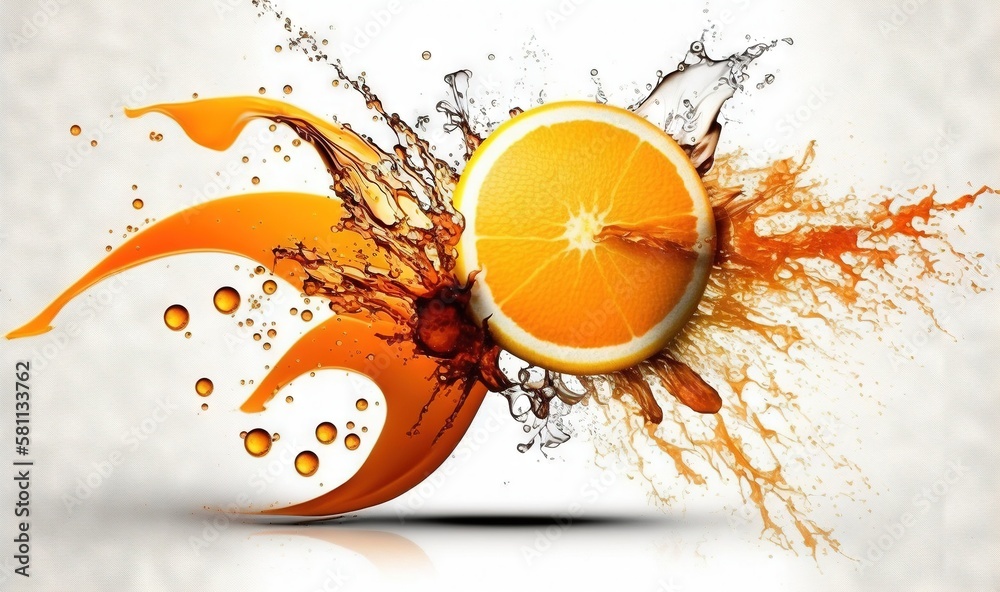  an orange with water splashing around it and a clock on the side of the orange is on a white surfac