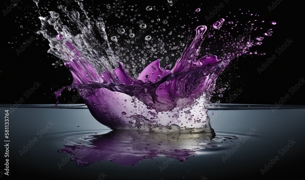  a purple splash of water on a black background with a reflection of the water in the bottom of the 