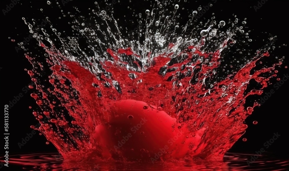  a red apple is splashing into the water with a black background and a red apple in the center of th