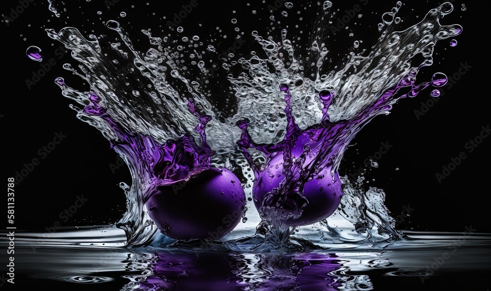  a splash of water on two purple balls in the water on a black background with a reflection of the t