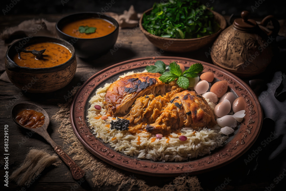 Yemeni food. chicken with rice. Illustration AI Generative