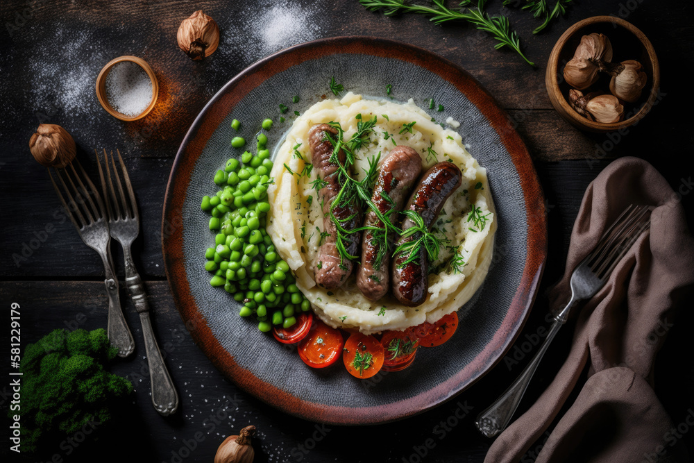 Grilled sausages with mashed potatoes. Illustration AI Generative.