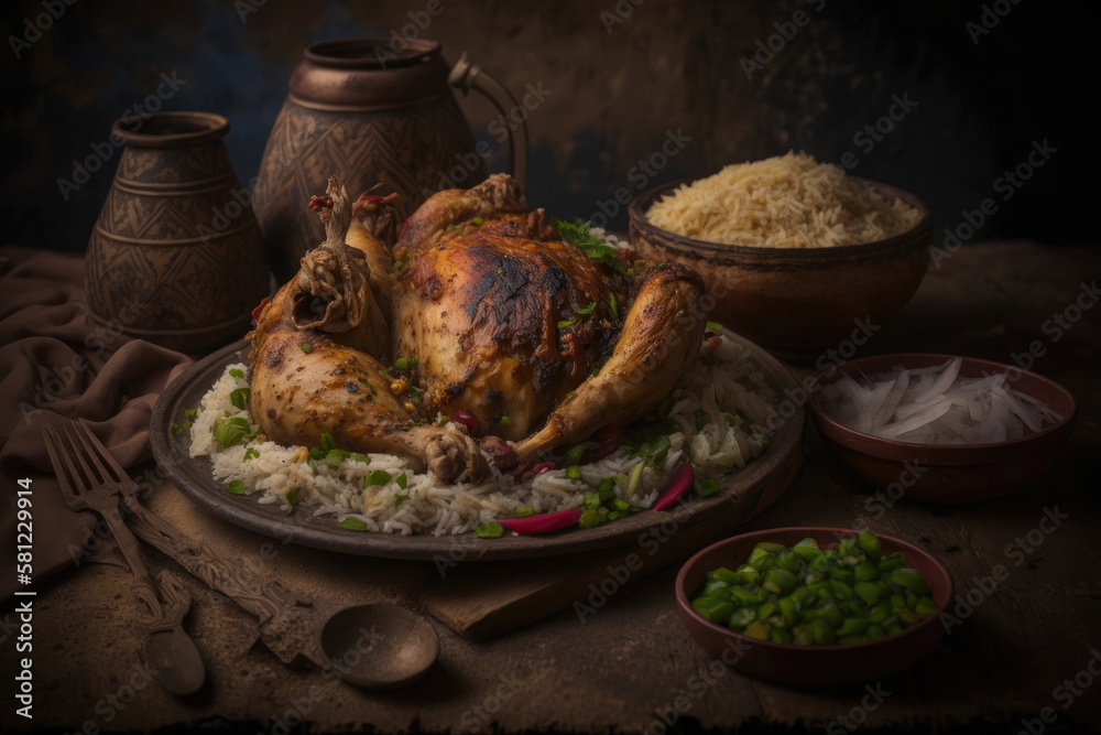 Yemeni food. chicken with rice. Illustration AI Generative