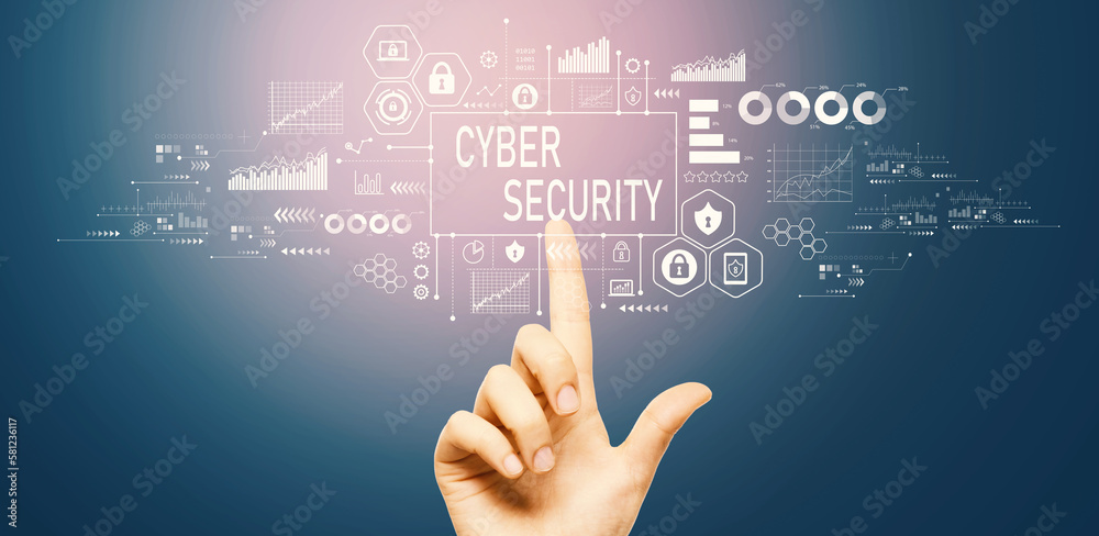 Cyber security theme with hand pressing a button on a technology screen