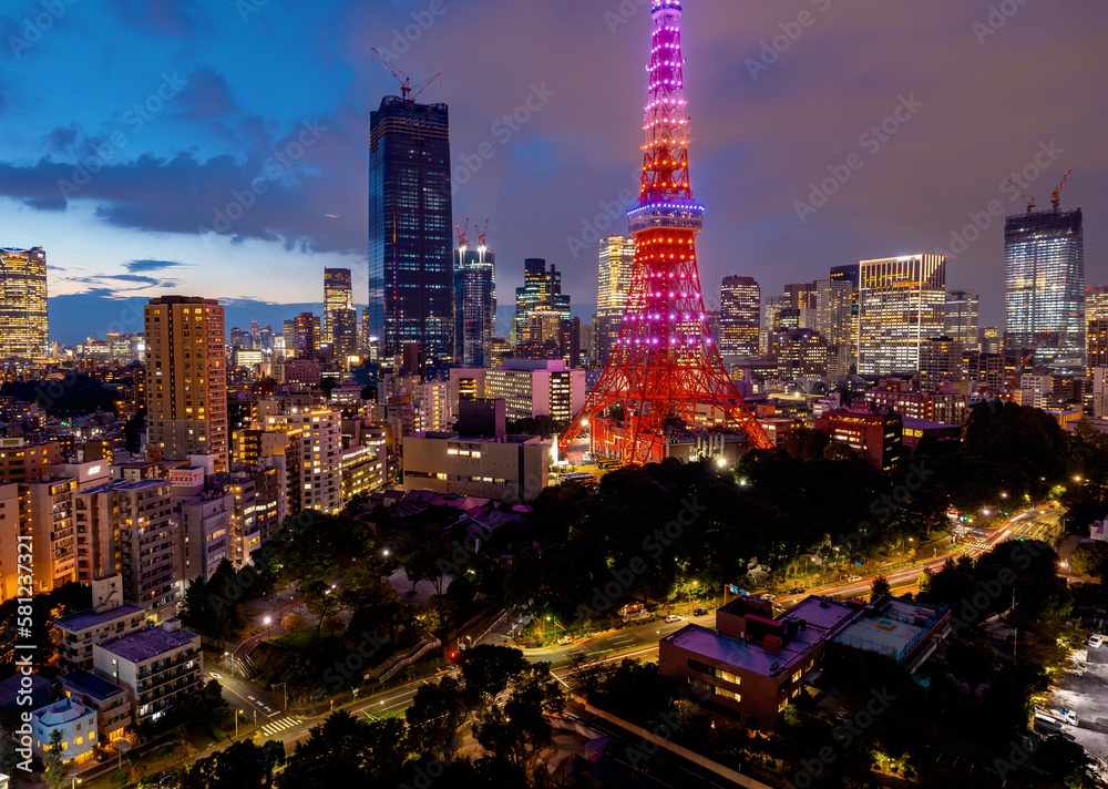 Tokyo Tower, against the background of Minato, Tokyo, Japan