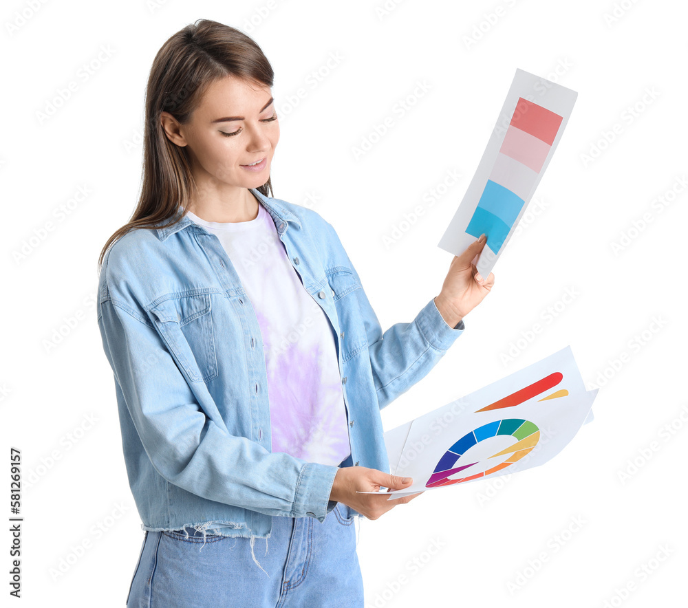 Beautiful woman with paint color palettes on white background