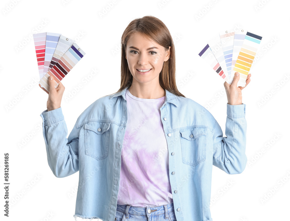 Beautiful woman with paint color palettes on white background