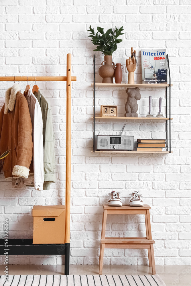 Interior of stylish hall with rack and shelf