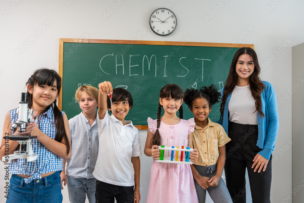 Portrait of diverse children student in classroom at elementary school.