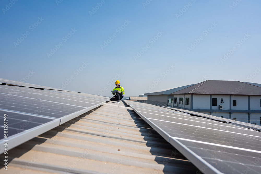 Professional engineer work to maintenance of photovoltaic panel system.