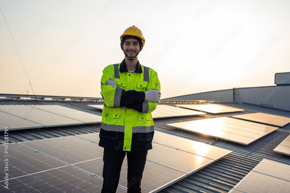 Portrait of engineer work to maintenance of photovoltaic panel system.