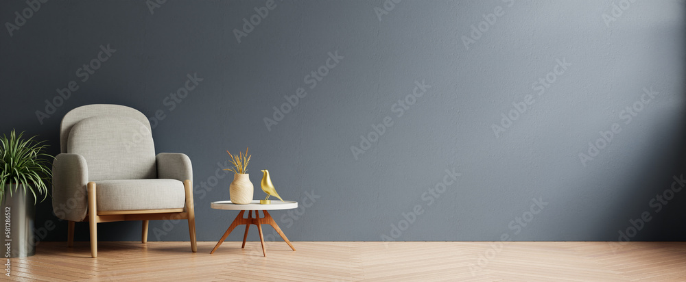 Modern minimalist interior with an armchair on empty dark blue color wall background.