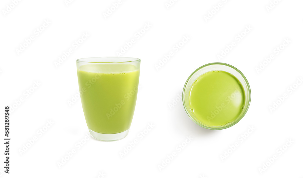 Matcha green tea milk glass isolated on white background