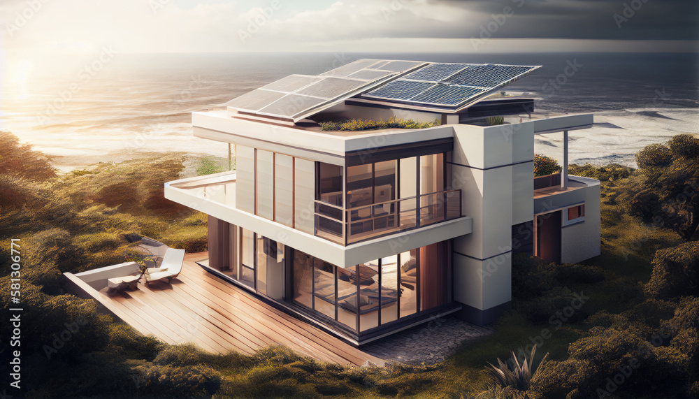 A house with solar panels on the roof, located outside the city. Generative AI