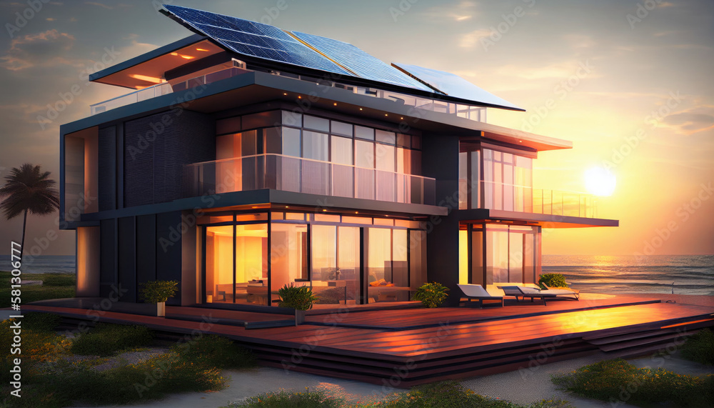 A house with solar panels on the roof, located outside the city. Generative AI