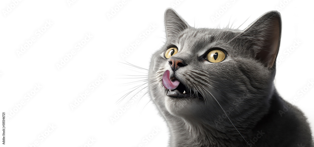 portrait of a friendly looking gray cat licking lips on white background