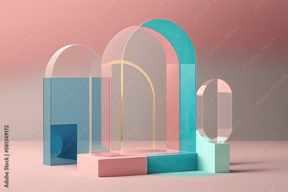 a background of abstract geometric shapes with pink, blue, and transparent glass arches. Mockup for 