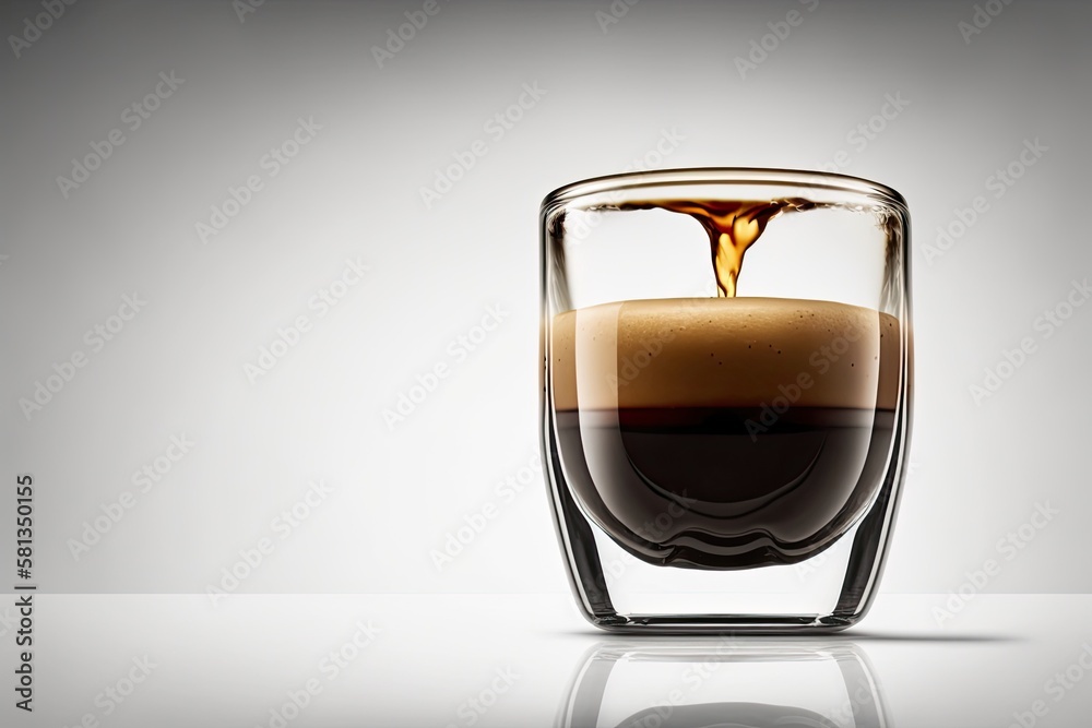 On a white background, an espresso coffee glass has a drop in it. Generative AI