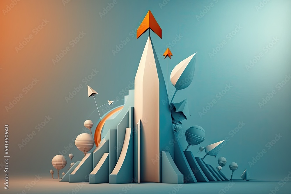 Personal and professional progress are represented by arrows rising from a rocket monument with a li