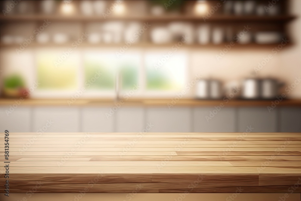 Wood table top in background of blurry kitchen counter. for montage product presentation or essentia