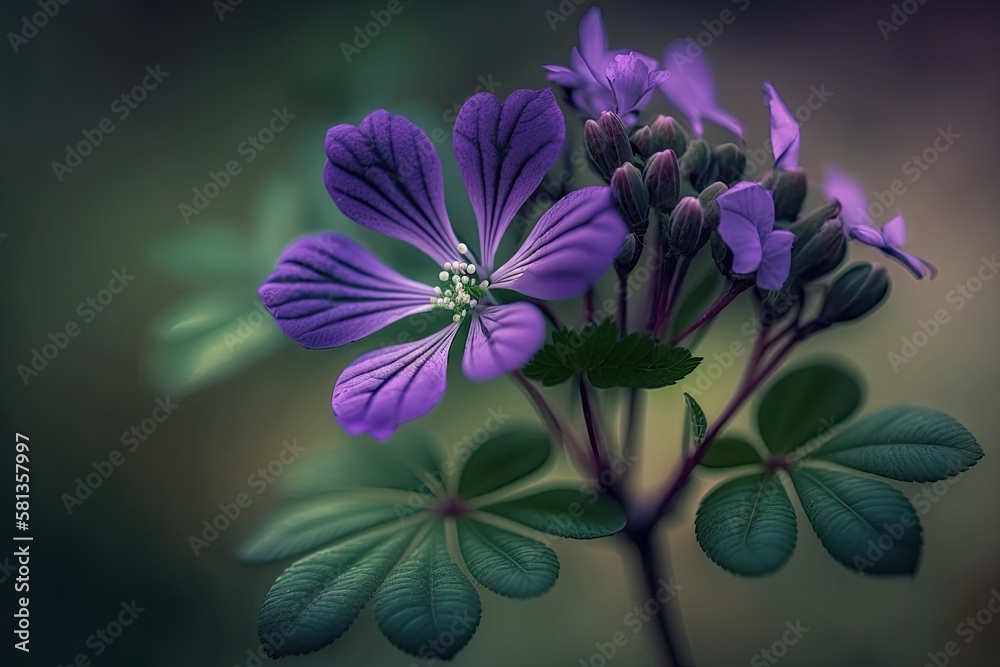 Beautiful violet flower with thin branches and background of hazy greenery. Close up photography. Ge