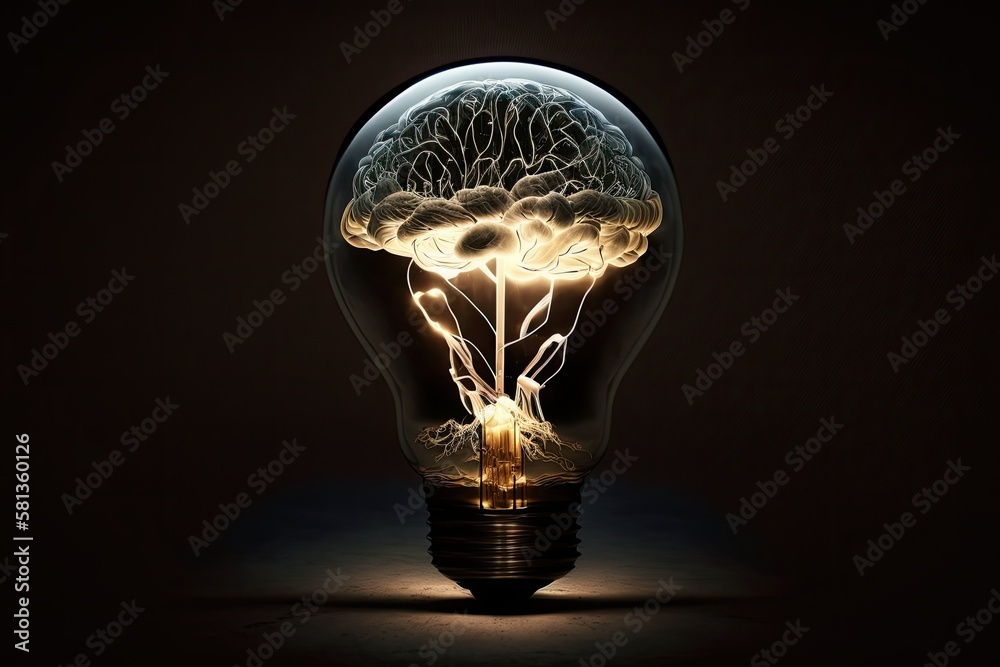 Inside a lightbulb is a luminous human brain against a dark background. Generative AI