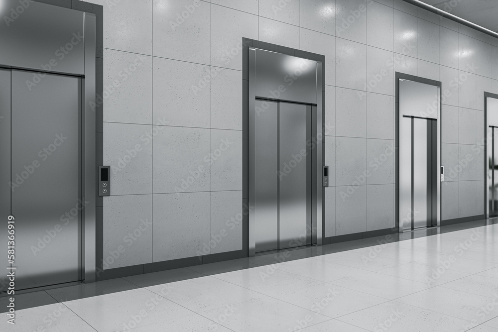 Perspective view on steel elevators in spacious business center corridor hall with grey wall backgro