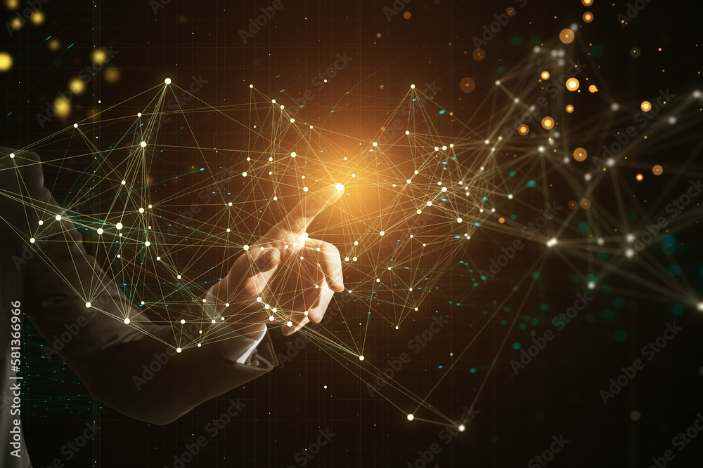 Close up of man hand pushing and using glowing polygonal mesh interface on dark background. Technolo