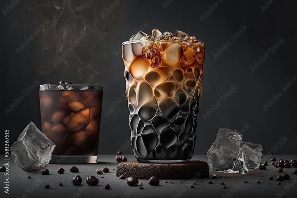 A glass of black coffee, an iced americano coffee with coffee beans on a grey background drink in a 